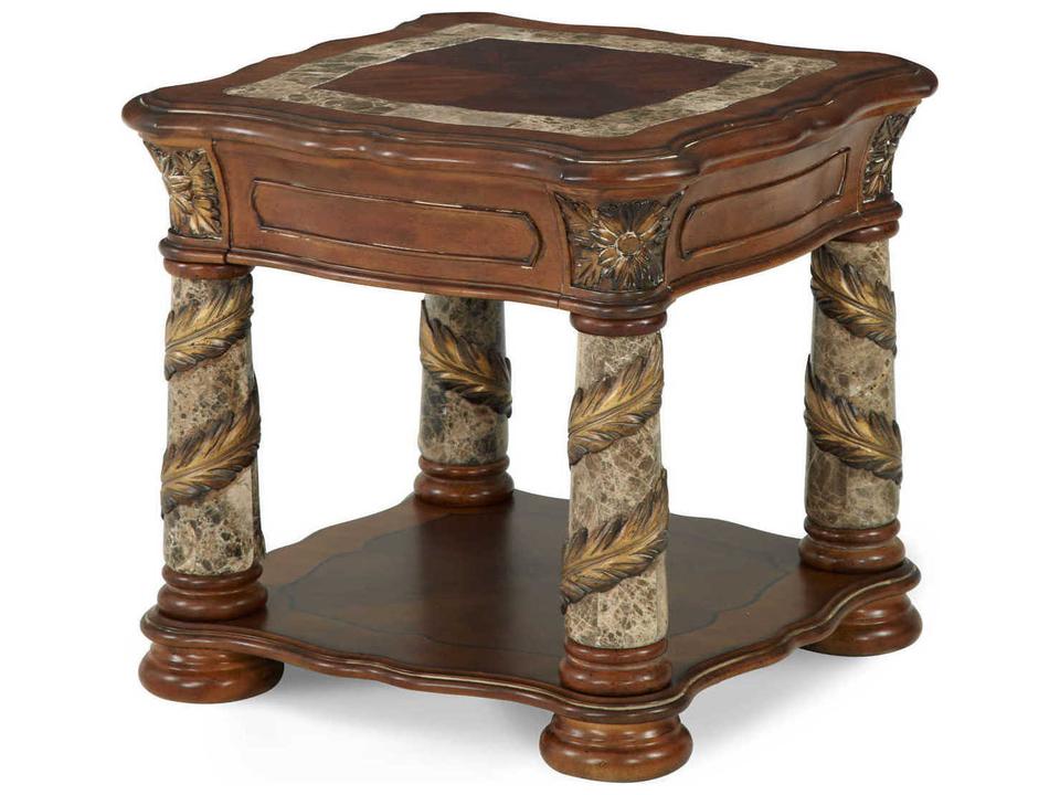 Villa Valencia Square Wood End Table with Marble Accents Classic Chestnut