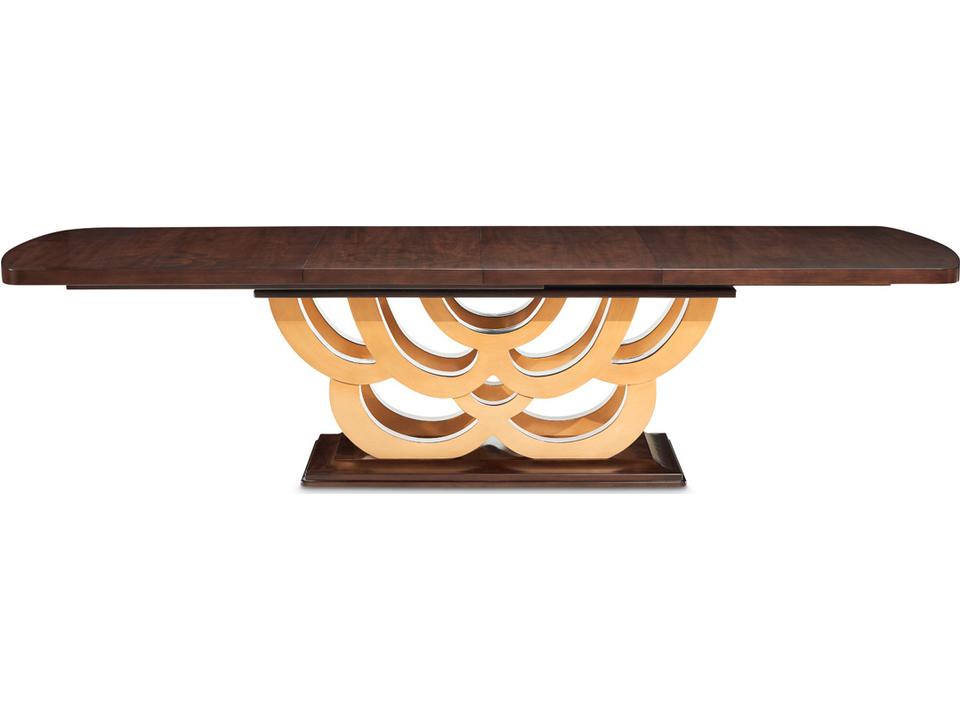 Camellia Field Rectangular Extendable Dining Table in Warm Pecan with Antique Gold Base