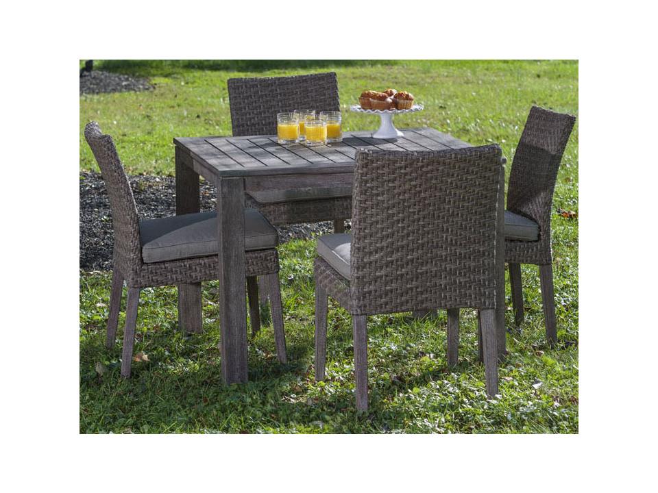 Cornwall 5 Piece Woven Wood Square Outdoor Dining Set with Sunbelievable Taupe Cushions