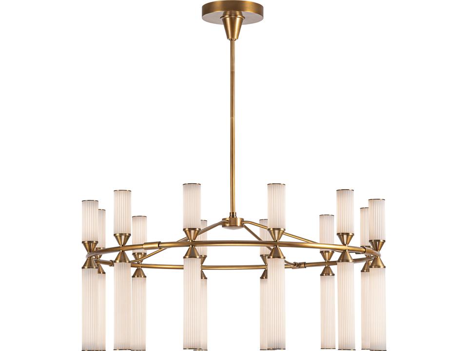 Edwin 38-Inch Integrated LED Chandelier in Vintage Brass with Frosted Ribbed Glass