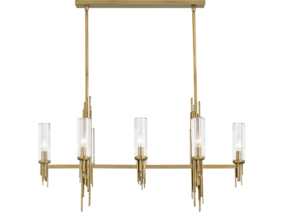 Torres 8-Light 38-Inch Linear Pendant in Vintage Brass with Clear Ribbed Glass