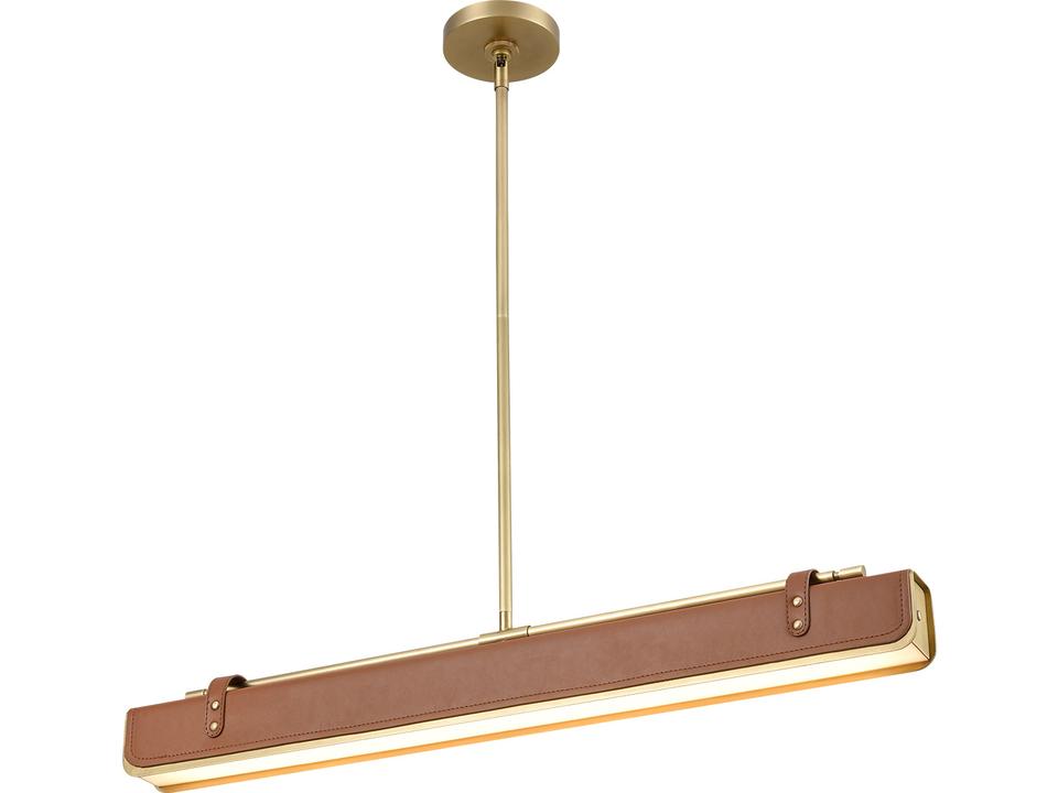 Valise Linear LED Pendant Light in Vintage Brass and Cognac Leather