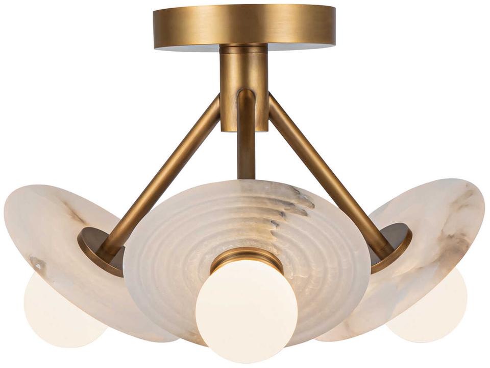 LED Semi Flush Mount Dahlia Vintage Brass Alabaster 13 Inch