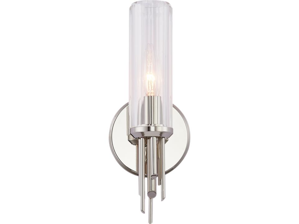 1-Light Torres Wall Sconce in Polished Nickel with Clear Ribbed Glass
