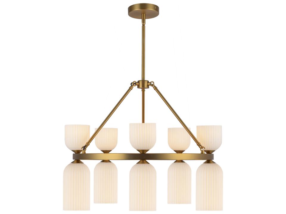Nelly 10-Light Chandelier with Glossy Ribbed Opal Glass in Brushed Gold