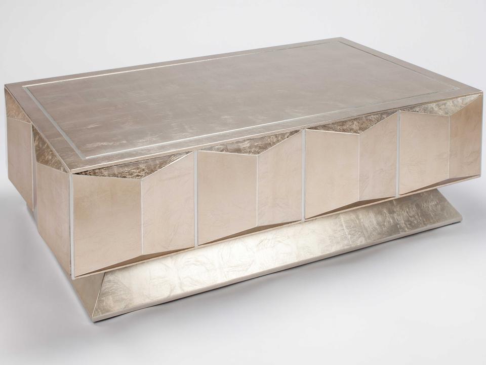 Rectangular Wood Champagne Silver Coffee Table with Glass Top