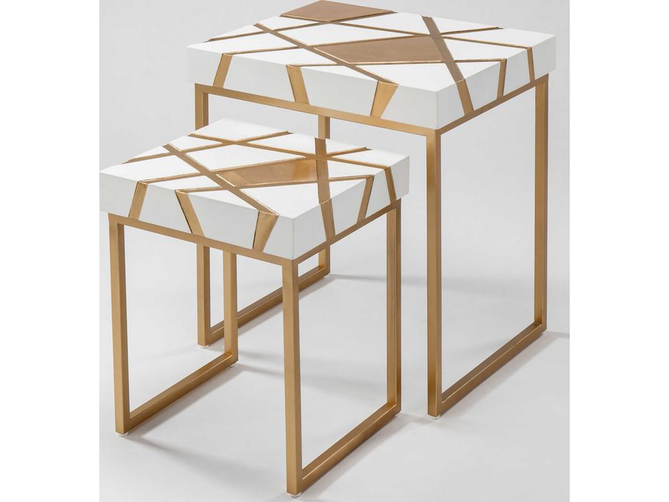 Nesting Table Set of 2 End Tables in Snow White and Brushed Gold