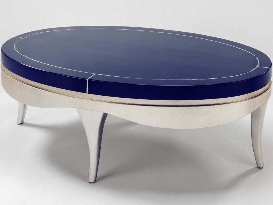 Oval Wood Coffee Table with Lapis Blue and Silverleaf Finish