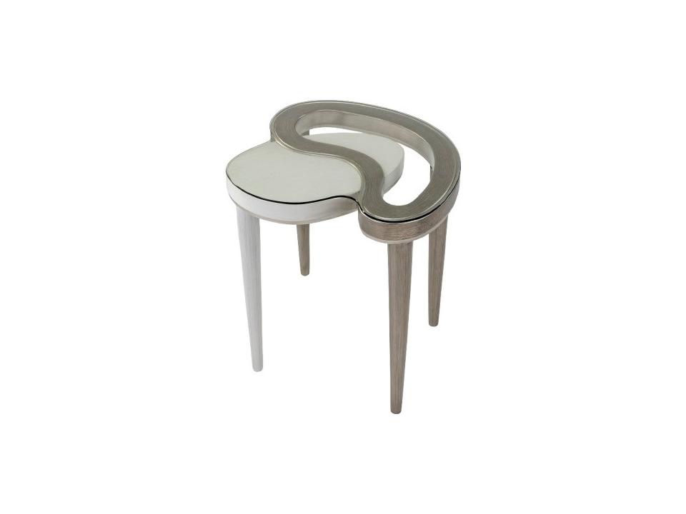 White and Silver End Table with Glass Top Hand Painted