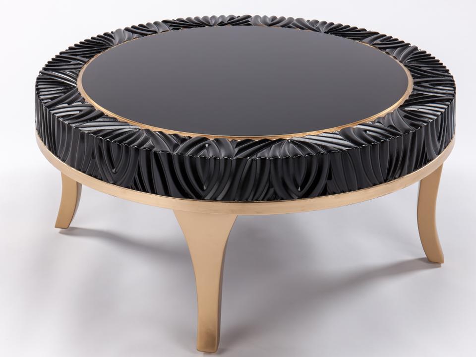 Round Coffee Table in Black and Gold with Carved Detail