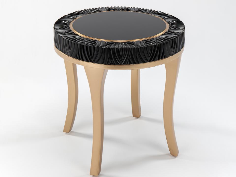 Black and Gold Round End Table with Carved Pattern