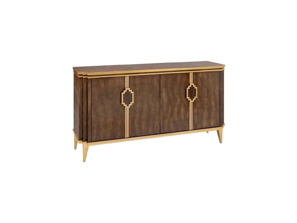68 Inch Walnut Wood Sideboard with Bright Gold Finish