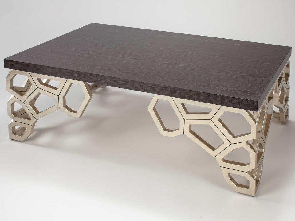 56-Inch Rectangular Wood and Glass Coffee Table in Charcoal Oak and Champagne