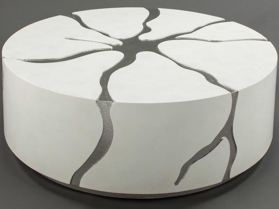 Round Coffee Table Frosty White with Gritty Silver Inlay Design