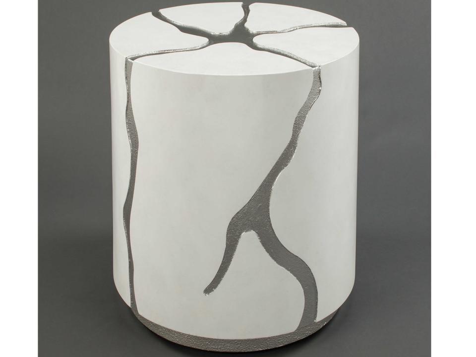 Round End Table in Frosty White with Gritty Silver Inlay