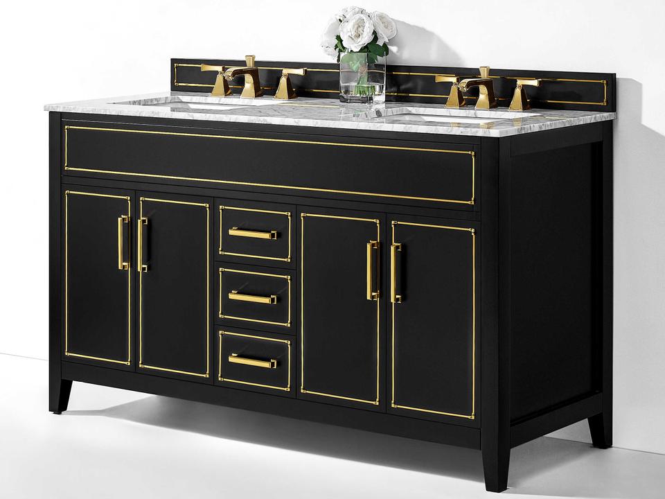 Aspen 60-Inch Double Bathroom Vanity in Black Onyx with Carrara Marble Top