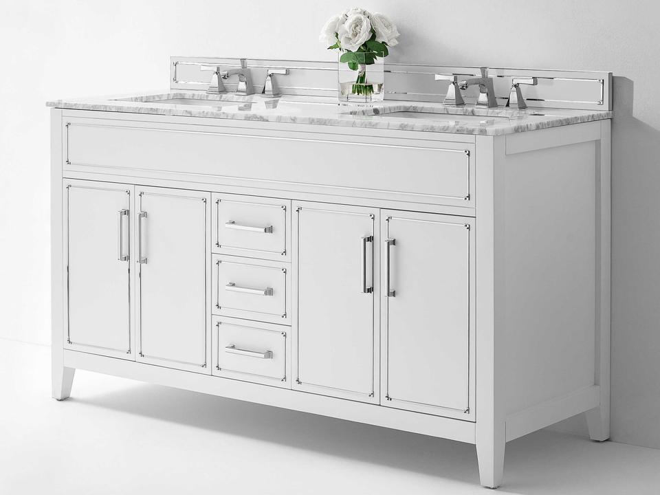 Aspen 60 Inch Double Vanity in White with Carrara Marble Top