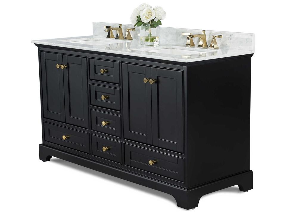 Audrey 60-Inch Double Sink Bathroom Vanity in Black Onyx with Carrara Marble Top