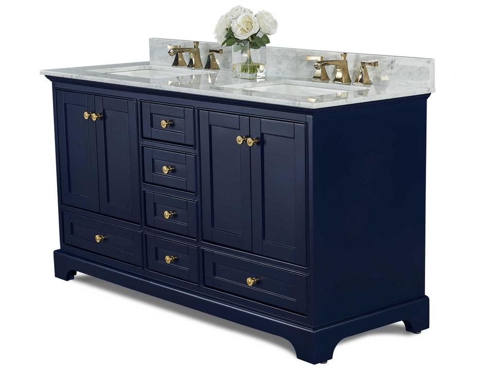 Audrey 60-Inch Double Sink Bathroom Vanity in Heritage Blue with Carrara Marble Top
