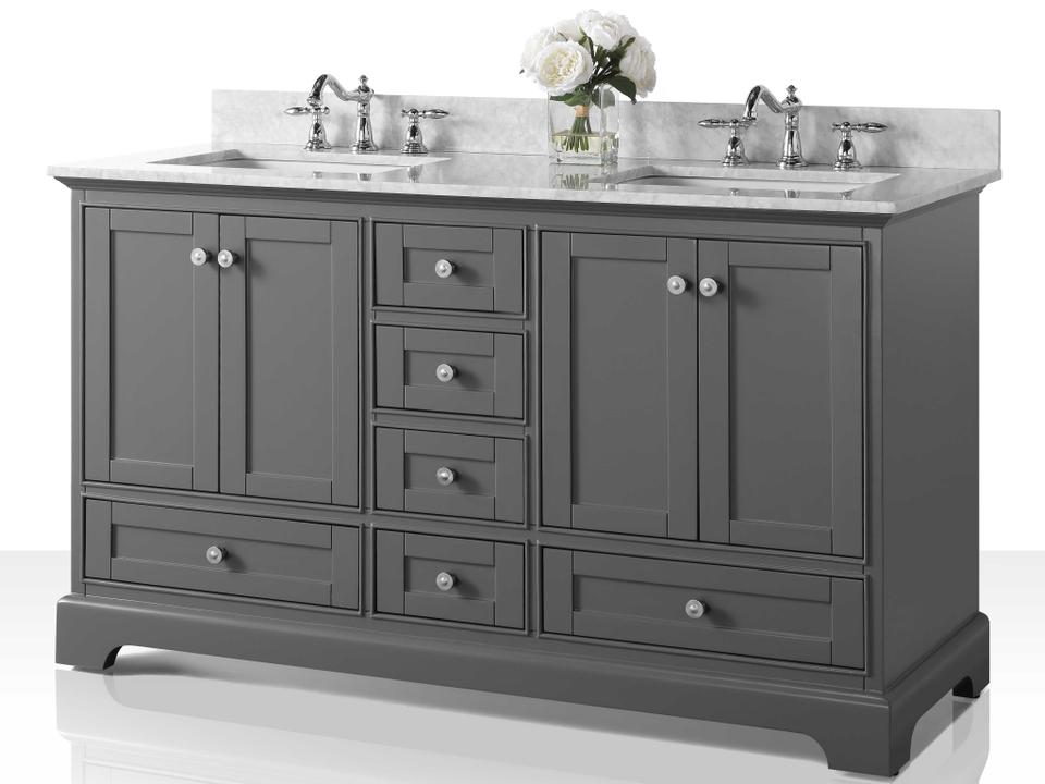 Audrey 60-Inch Double Sink Bathroom Vanity in Sapphire Gray with Carrara Marble Top