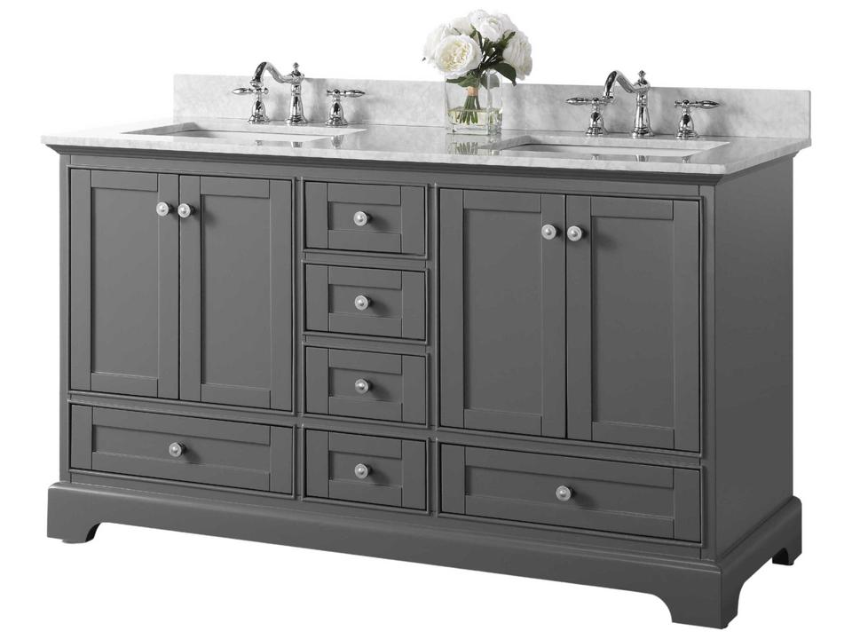 Audrey 66-Inch Double Bathroom Vanity in Sapphire Gray with Carrara Marble Top