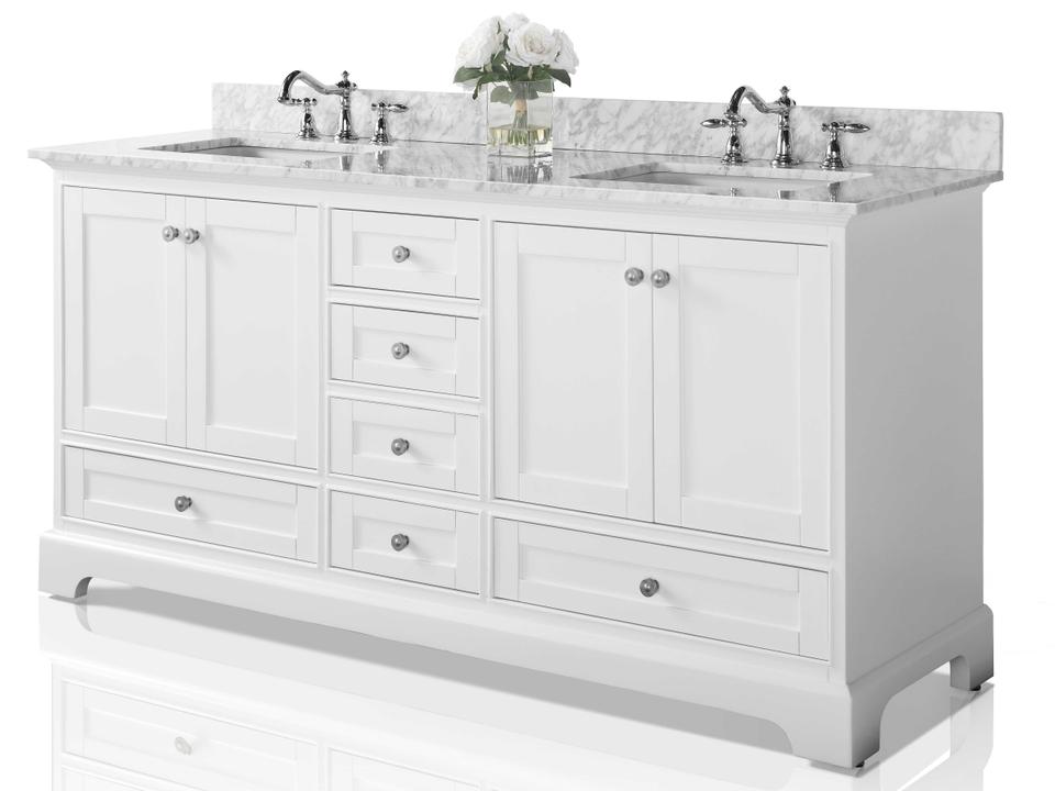 Audrey 72-Inch Double Bathroom Vanity in White with Carrara Marble Top