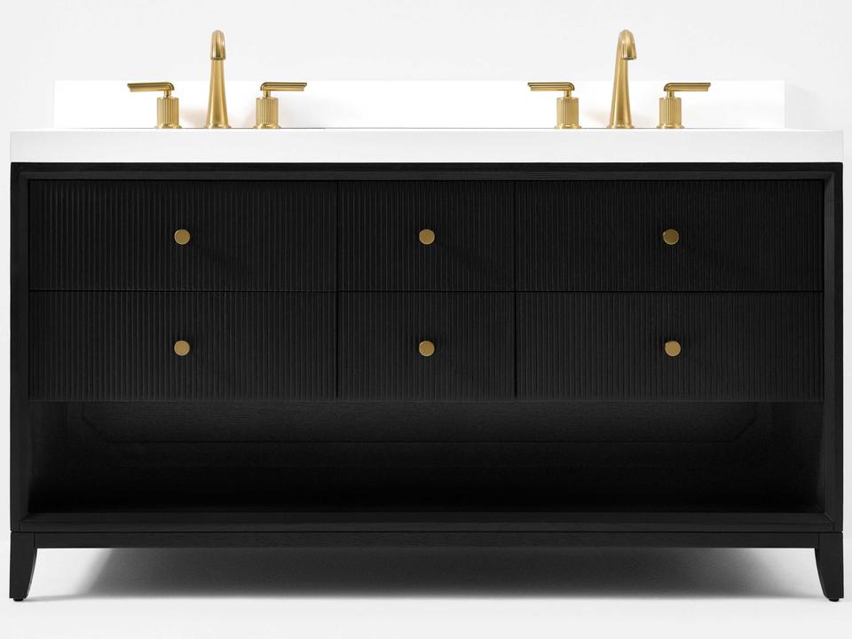 Momo 60 Inch Double Bathroom Vanity in Black Oak with Alpine White Quartz Top