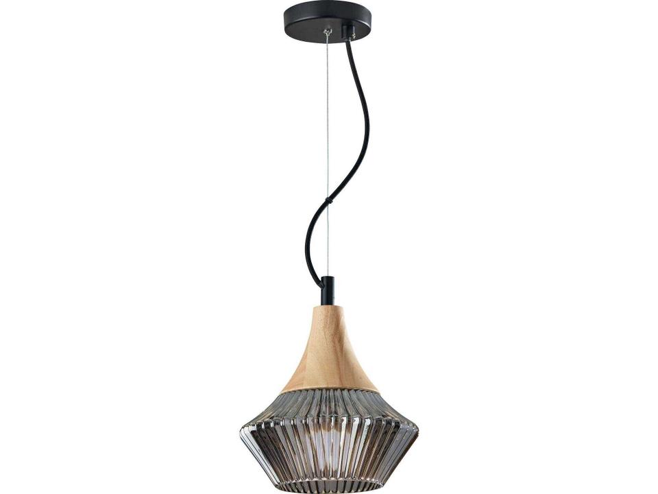 Elsie Mini Pendant Light in Black and Natural Wood with Smoked Glass