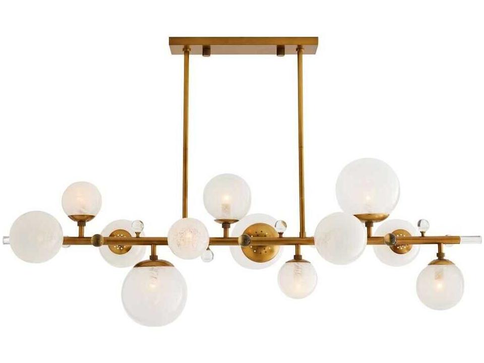 Troon 12-Light Linear Chandelier in Antique Brass and Opal Swirl Glass