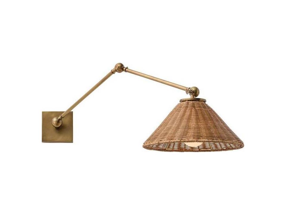 Padma Swing Arm Sconce with Rattan Shade in Antique Brass