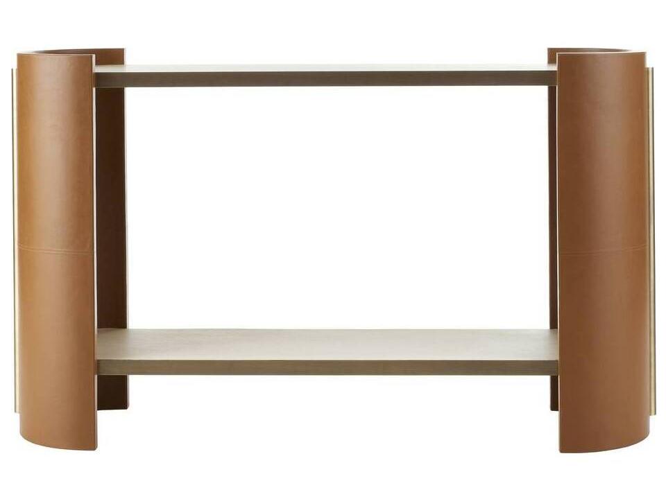 Arteriors Warley Console Table in Smoke Oak Russet Leather and Antique Brass