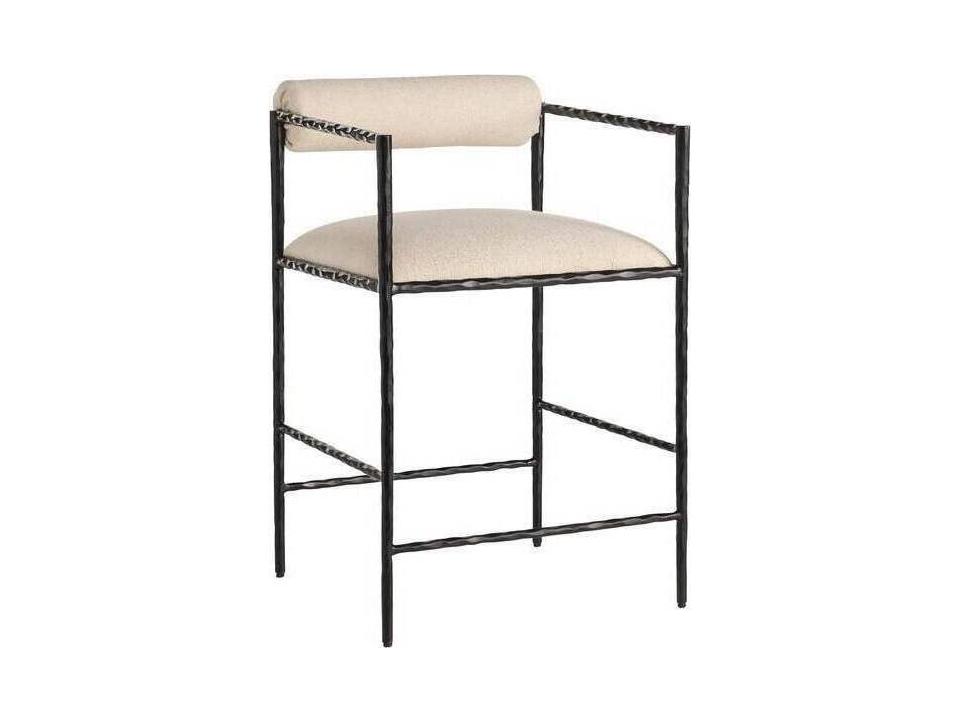 Barbana Upholstered Counter Stool in Oxford White and Natural Iron