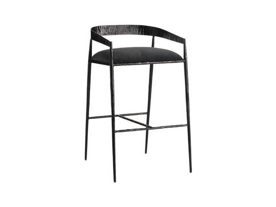 Ansel Performance Velvet Bar Stool in Midnight Grey with Hand-Hammered Iron