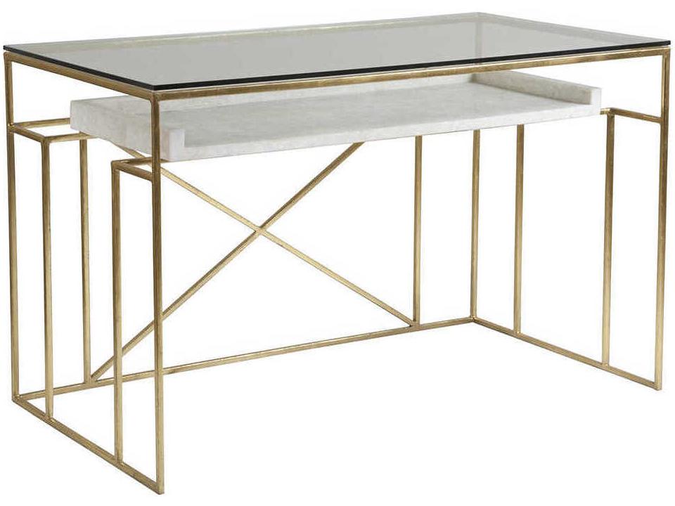 Home Cumulus Writing Table Gold Foil Finish with Glass Top and Crystal Stone
