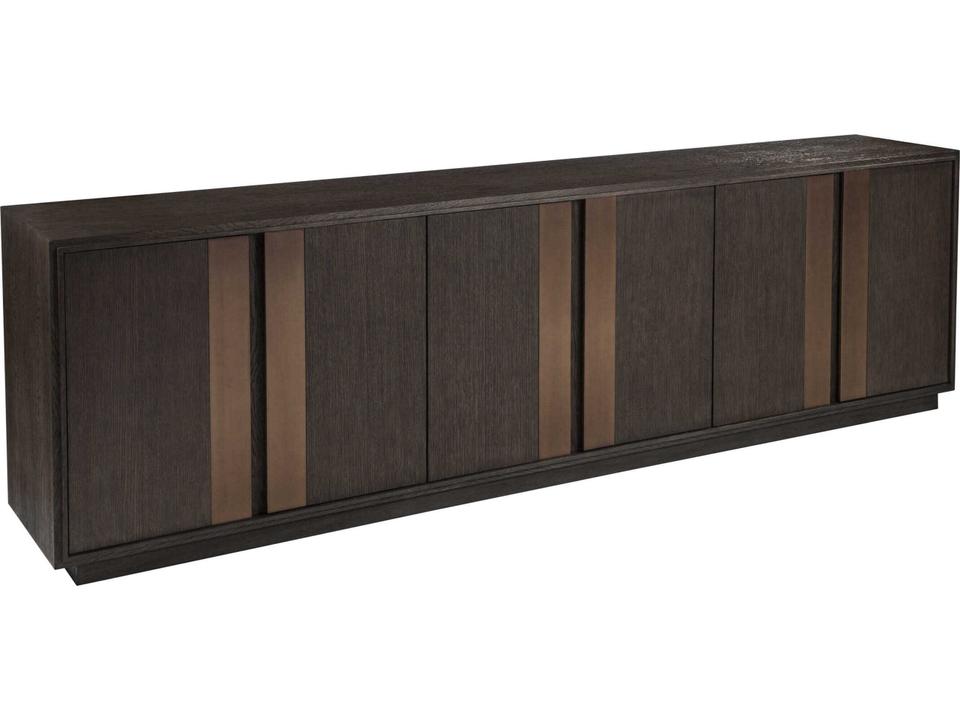 Andare 99-Inch Media Console TV Stand in Wire Brushed Brown Wood and Brass