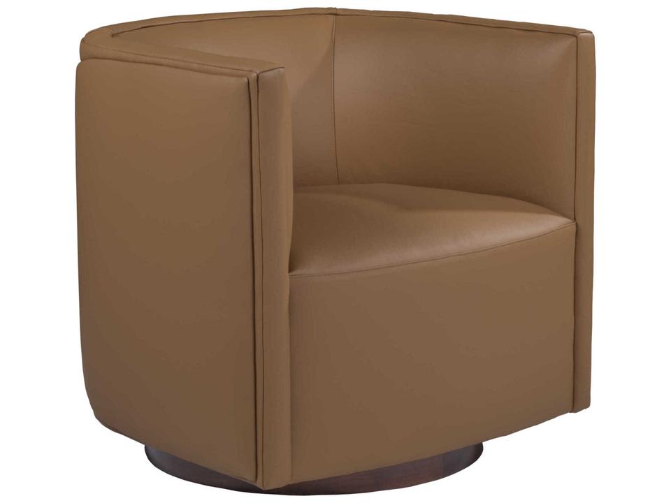 Home Ingrid Leather Swivel Accent Chair in Brown with Wood Base