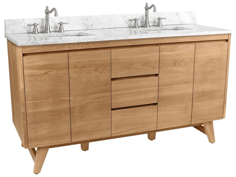 Coventry 61 in. Double Sink Bathroom Vanity in Natural Teak with Carrara White Marble Top