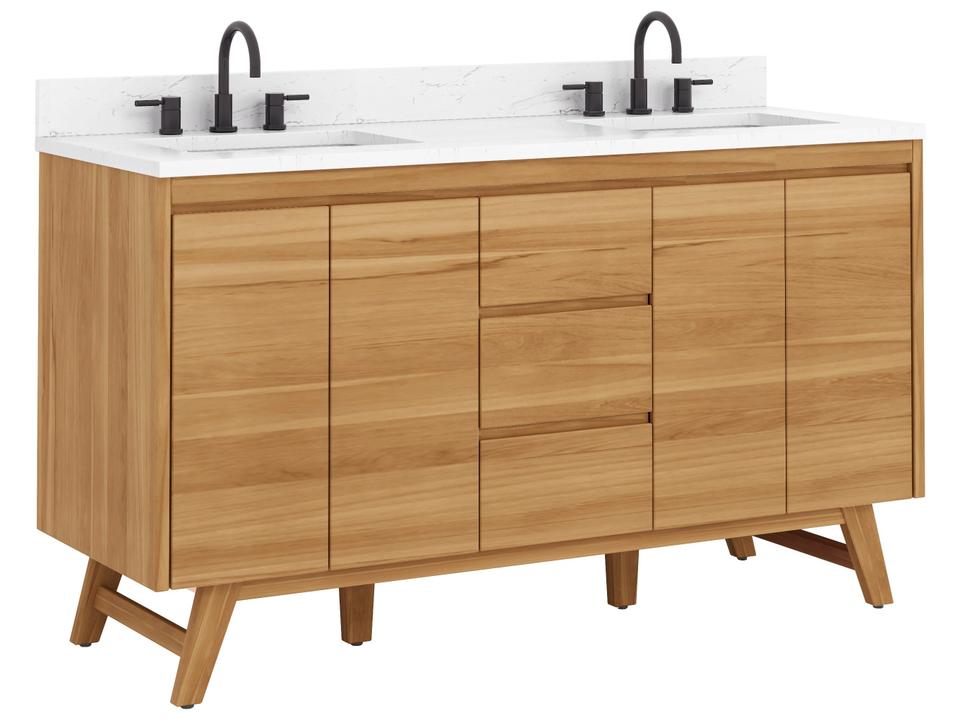 Coventry 61 in. Double Sink Bathroom Vanity in Natural Teak with Cala White Engineered Stone Top