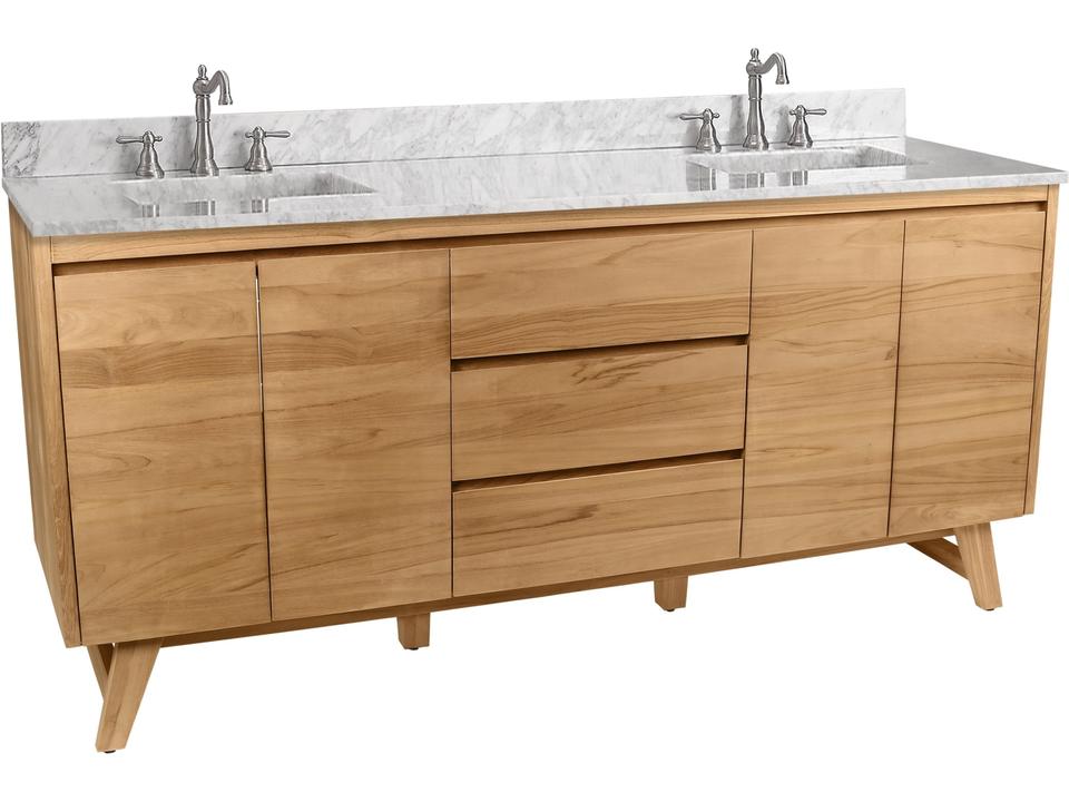 Coventry 73 in. Double Sink Bathroom Vanity in Natural Teak with Carrara White Marble Top
