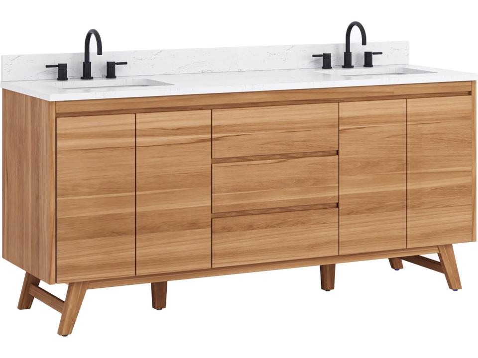 Coventry 73 in. Double Sink Bathroom Vanity in Natural Teak with Cala White Engineered Stone Top
