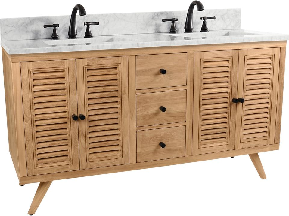 Harper 61 in. Double Sink Bathroom Vanity in Natural Teak with Carrara White Marble Top