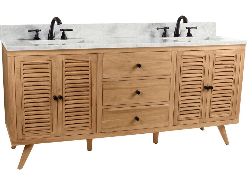 Harper 73 in. Double Sink Bathroom Vanity in Natural Teak with Carrara White Marble Top