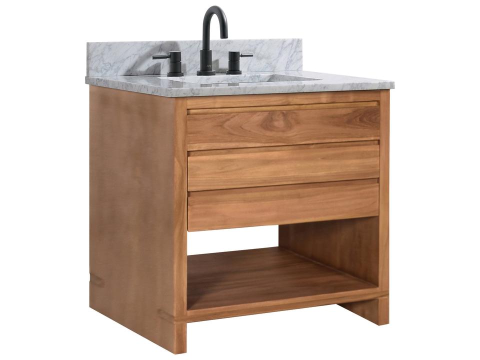 Kai 31 in. Single Sink Bathroom Vanity in Natural Teak with Carrara White Marble Top
