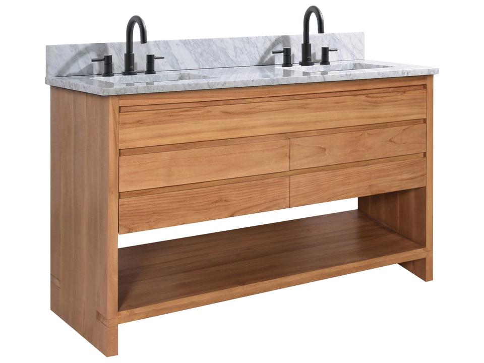 Kai 49 in. Double Sink Bathroom Vanity in Natural Teak with Carrara White Marble Top