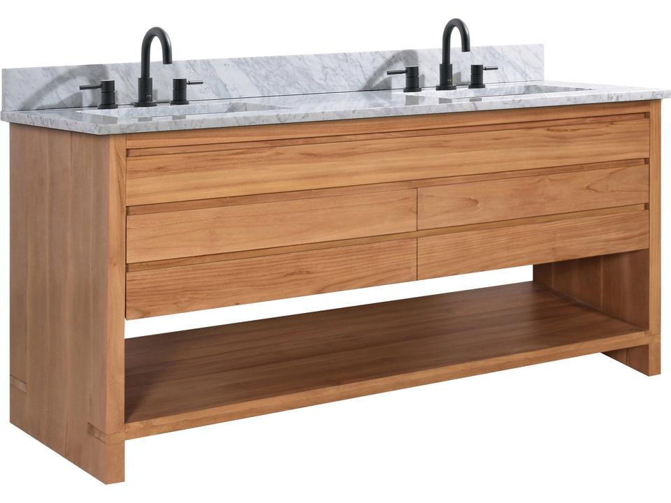 Kai 61 in. Double Sink Bathroom Vanity in Natural Teak with Carrara White Marble Top