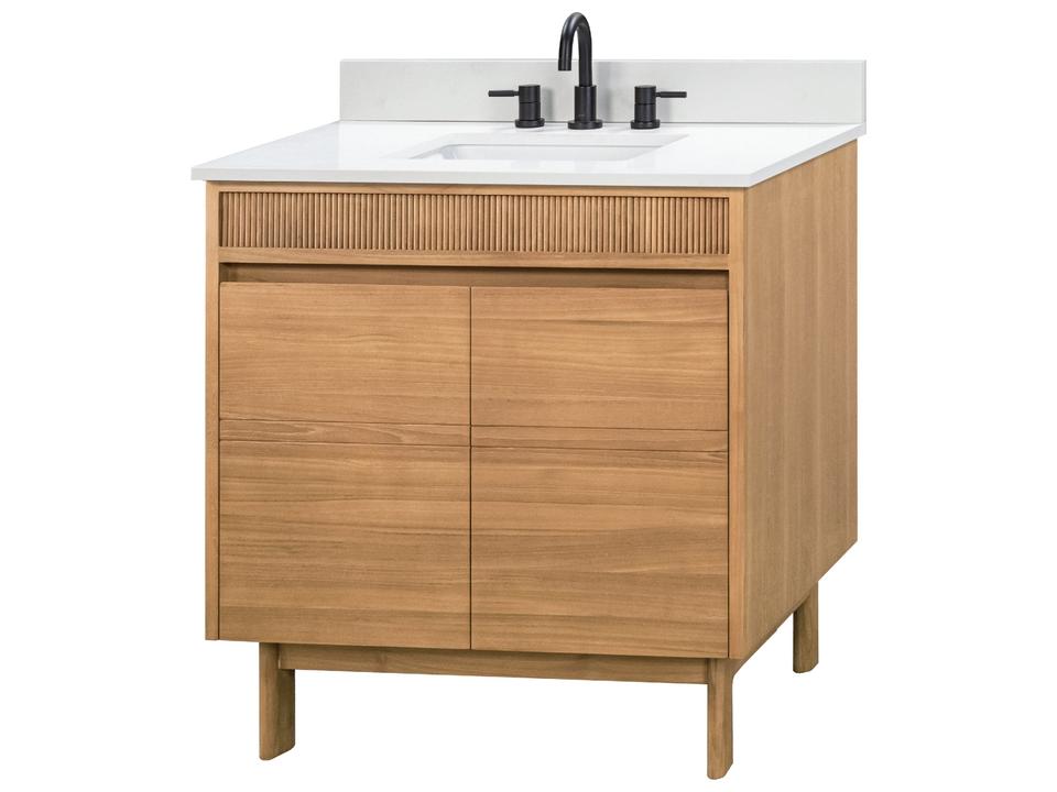 Kayla 37 in. Single Sink Bathroom Vanity in Natural Teak with White Engineered Stone Top