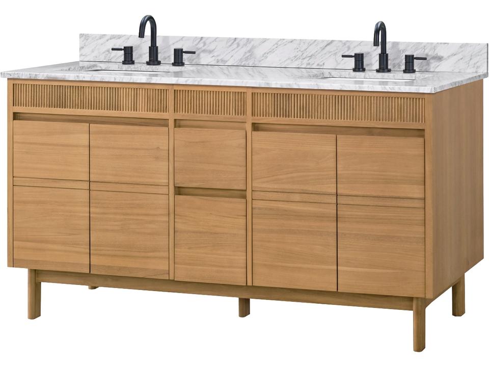 Kayla 61 in. Double Sink Bathroom Vanity in Natural Teak with Carrara White Marble Top