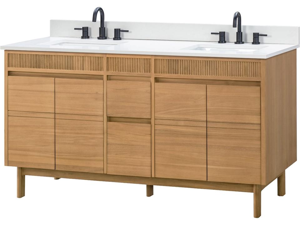 Kayla 61 in. Double Sink Bathroom Vanity in Natural Teak with White Engineered Stone Top