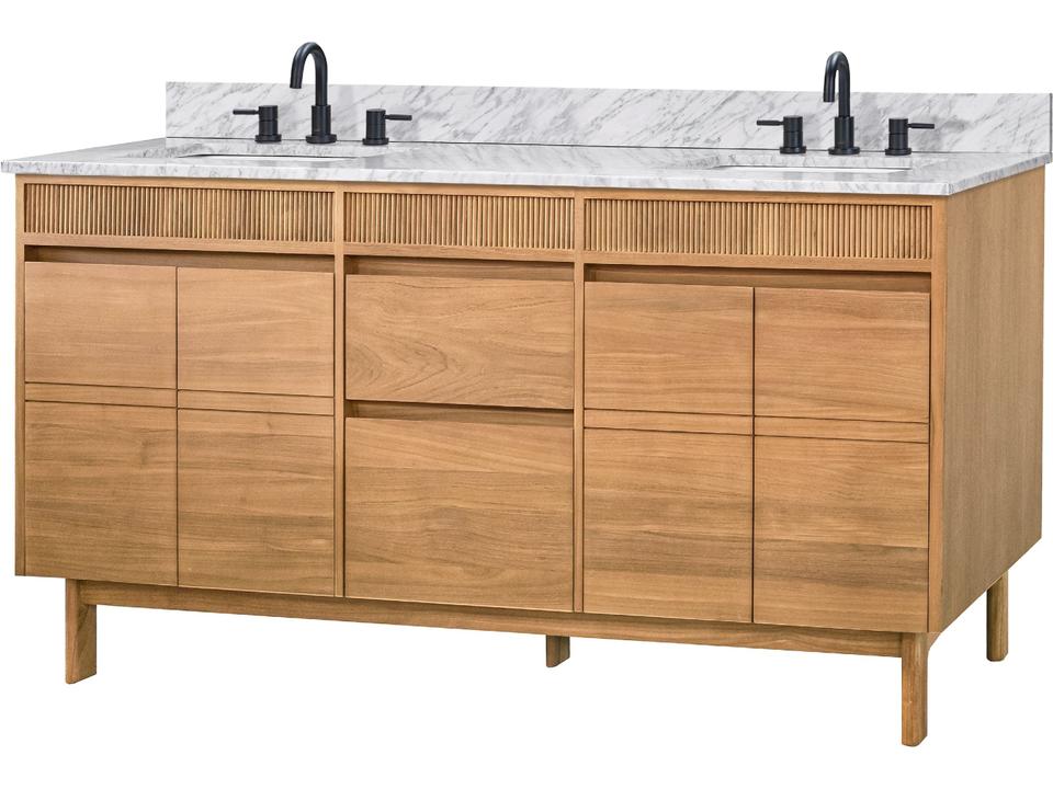 Kayla 73 in. Double Sink Bathroom Vanity in Natural Teak with Carrara White Marble Top