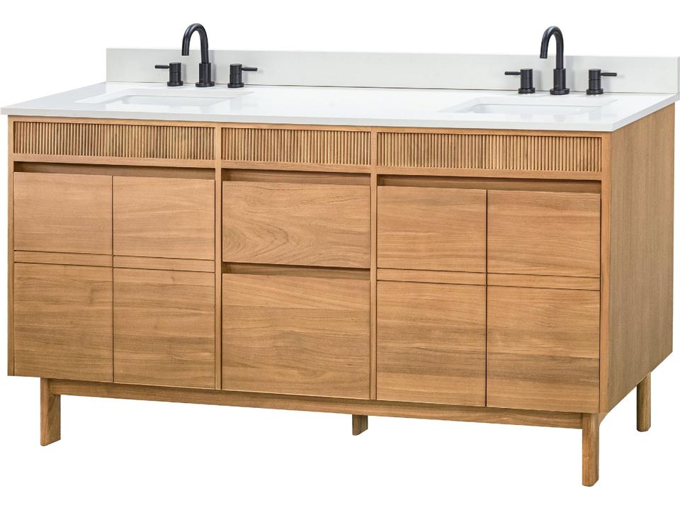Kayla 73 in. Double Sink Bathroom Vanity in Natural Teak with White Engineered Stone Top